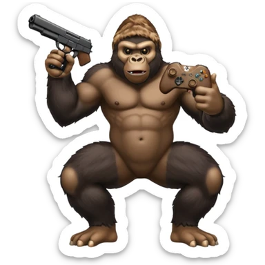 A gorilla holding a gun in the air with a Xbox controller  sticker