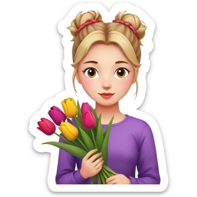 A girl with a messy bun, holding a bunch of tulips. sticker
