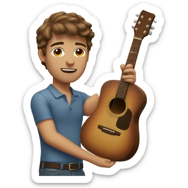 Brown haired guy playing guitar with short jean shorts on and a polo shirt sticker
