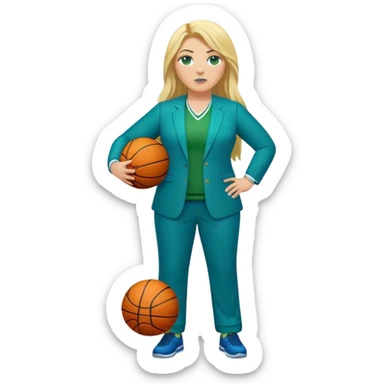 Full Body white plus size female basketball head coach with long blonde hair in a blue and green suit sticker