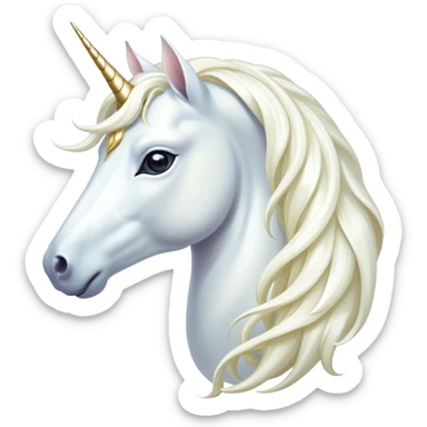 Cinematic Noble White Unicorn Portrait Emoji, Poised and regal, with a slender, ethereal form draped in a pristine white color, a flowing mane and tail, and a glistening, spiraled horn that radiates pure light, Simplified yet sharp and sophisticated features, highly detailed, glowing with a soft, iridescent luminescence, high shine, intelligent and transcendent, stylized with an air of mythical enchantment, focused and serene, soft glowing outline, capturing the essence of a watchful and confident white unicorn that appears ready to prance out of the screen with magical grace! sticker