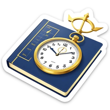 A navy blue productivity book with gold details, running clock and chart with upward trend aura, radiating productivity, strategy, and success in motion with time and happiness yellow sticker