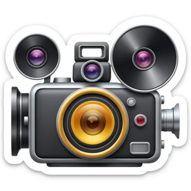 Minimal emoji icon of a huge cinematic metalic camera, front view, realistic lens, no gold sticker