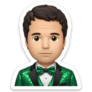 Mark Ruffalo with dark brown hair, dark green sequin suit with bow tie sticker