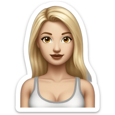 hyperrealist caucasian, long blonde hair, brown eyes, woman, white decollette tank top, gray tight mini skirt, black high heels, frontal view sticker