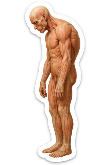 corpo umano anatomico realistico leggermente curvo con la schiena e le spalle che puntano leggermente in avanti, postura delle spalle chiuse, isolato su sfondo bianco sticker