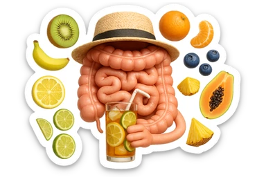EMOJI STILE IPHONE DI INTESTINO UMANO REALISTICO CON CAPPELLO DI PAGLIA DA SPIAGGIA CHE BEVE UN Tè FREDDO IN BICCHIERE DI VETRO CON DENTRO  fette di cetriolo, limone, lime, DIETRO L'INTESTINO FLUTTUANO PEZZETTI DI Kiwi
Banana acerba
Arance e mandarini
Mirtilli
Ananas
Papaya
IPERREALISTICO 4K sticker