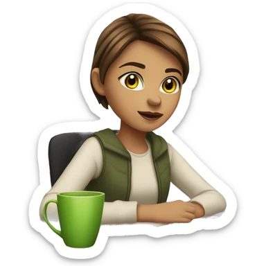 A young girl with straight brown short hair and brown-green eyes is sitting at a desk with a laptop, books are lying next to it and there is a cup of tea sticker