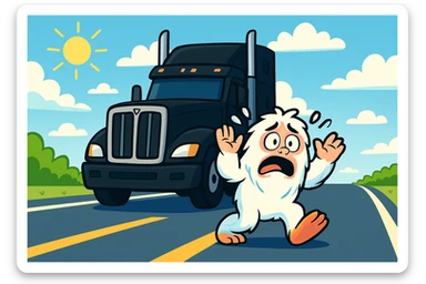 Edit the image to place the abominable snowman directly in front of the black semi truck. Make the snowman much smaller and give it a scared expression. Keep the bright highway and distant view as they are. sticker