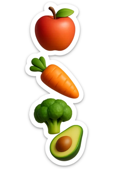 emoji stile iphone in 3d di cibo sano che fluttua in aria vericalmente, iperrealistico 4k sticker