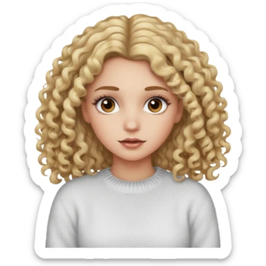 a dirty blonde girl with brown eyes and make her wearing a white sweater with curly hair and white skin color, long hair and big lashes sticker
