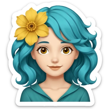 A woman with wavy teal-blue hair styled in loose curls. Her hair is adorned with large golden-yellow flower petals She has soft brown eyes, smooth skin, and a small friendly smile on her face. sticker