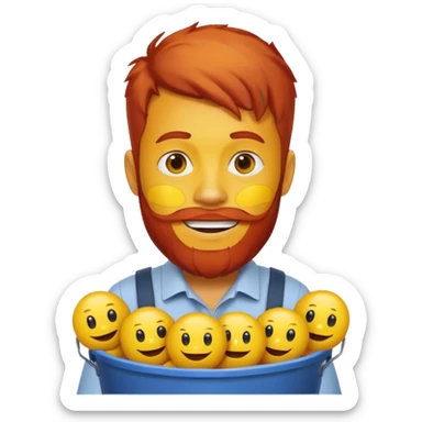 Man with red beard carrying bucket of yellow smiley face sticker