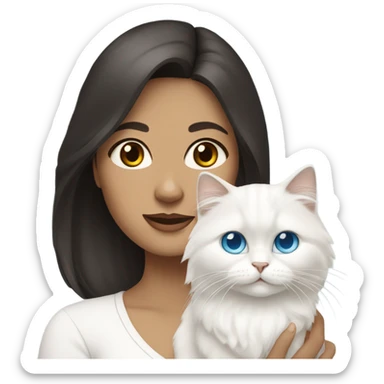 woman with dark hair and holding a all white Siberian cat with blue eyes sticker