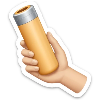 one single beige skin colored hand holding a cylindrical tube sticker