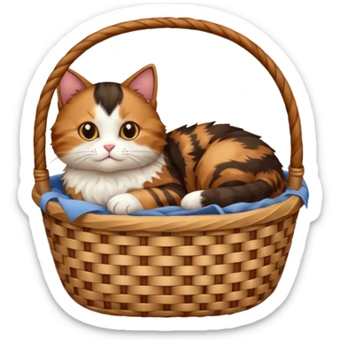 a tricolor cat is lying in a basket sticker