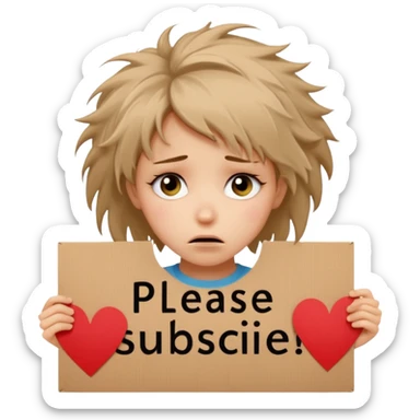 Sad realistic emoji of a young woman with messy hair, holding a cardboard sign that says "PLEASE SUBSCRIBE", emotional begging expression, cinematic lighting, shallow depth of field, soft blurred background, high detail, viral social media style sticker