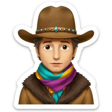 realistic cinematic Bob Dylan profile portrait with dirty cowboy hat on head and colorful silk scarf around neck, fur coat - Desire album cover sticker