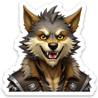 Cinematic Realistic WoW Worgen Portrait, head tilted dramatically with an exaggeratedly amused expression, blending ferocious beastliness with a touch of unexpected humor. His rugged fur, tanned skin, and worn leather garments are rendered with meticulous detail and dynamic lighting, high shine, dramatic yet whimsical, capturing the essence of a worgen whose epic might is tempered by a playful, irreverent charm. sticker