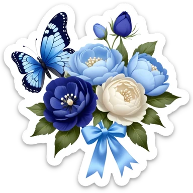 An elegant butterfly with midnight blue and sky blue wings, accented with delicate white tracings, hovering above a beautifully arranged bouquet of soft pastel blue peonies and deep indigo pansies, tied together with a flowing pearl satin ribbon. sticker
