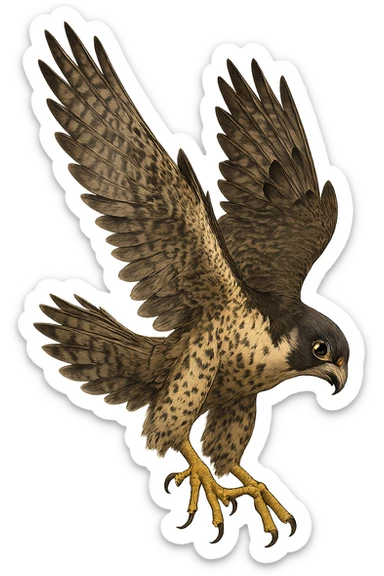 A falcon in mid-fall, wings flared, feathers ruffled, dramatic sense of motion, dynamic pose, no background sticker
