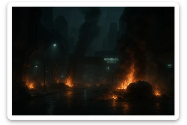 Night time streets of New Mombasa from ODST. "Mombasa Streets"  dying battle flames and smoke rise amongst pouring rain sticker