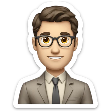 Pale skinned fit man with dark brown hair in gray jacket, beige office shirt, brown tie, brown pants and vintage glasses Writing text on the flipchart sticker