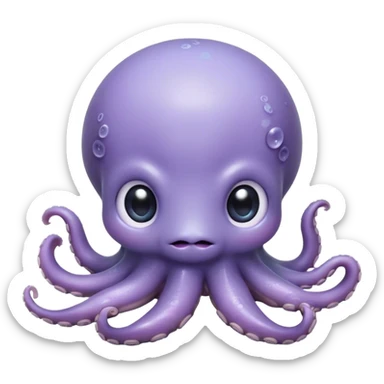 Cinematic Cute Shy Baby Octopus Portrait Emoji, Tentacles tucked slightly inward in an adorably bashful pose, featuring a softly glowing, round light blue-purple body with enormous, soulful eyes peering out timidly, Simplified yet irresistibly adorable features, highly detailed, glowing with a delicate, soothing marine radiance, high shine, quiet yet expressive, stylized with an air of gentle mystery, soft glowing outline, capturing the essence of a tiny, shy deep-sea creature that seems as if it could slowly peek out and explore the world with cautious curiosity! sticker