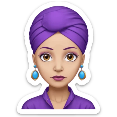 make her skin purple, she has no hair and her eyelashes are huge and she's old and and mean looking with a purple turban with big blue circle earrings and a purple big collared shirt sticker