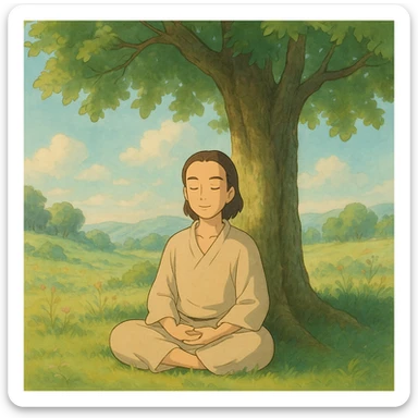 inner peace as a serene person meditating under a tree, soft colors, ghibli style sticker