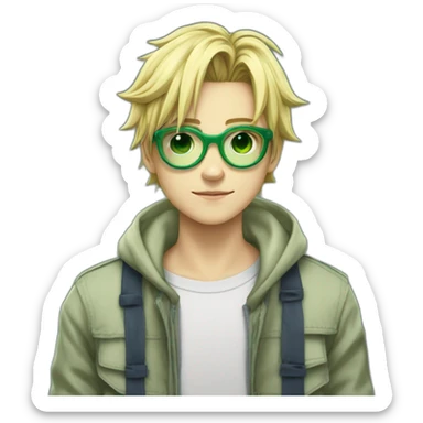 Un grand adolescent blond aux cheveux moyennement courts a lunettes avec du duvet , un sweat hunterxhunter vert avec la tête de gon freecs , ainsi qu'un jean qui tombe sur ses chaussures sticker