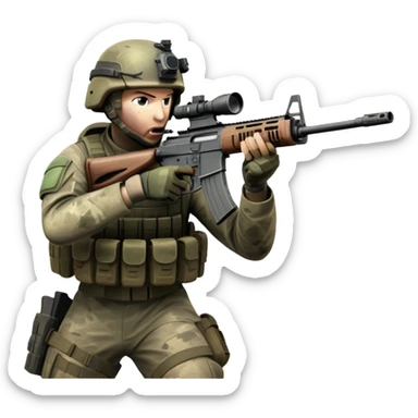 An icon showing a soldier in combat gear, aiming with a rifle in a war-torn environment, inspired by Call of Duty Modern Warfare 2. The design features explosions, smoke, and a tense battlefield. The action-packed atmosphere is highlighted with dynamic effects. Transparent background. sticker