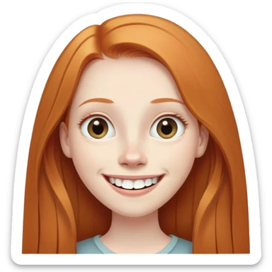 traditional emoji of young girl with very pale skin, long straight muted ginger hair (less vibrant), elongated oval face, bigger human-like eyes positioned close together, wide nose, friendly big smile with very large prominent teeth, less intense expression sticker