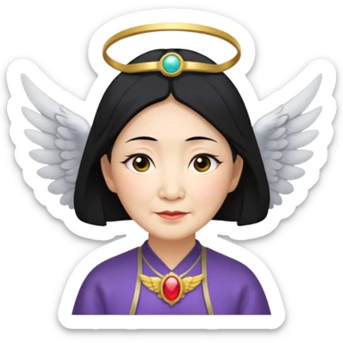 Angel Old Lady with wings black hair asian  smaller eyes w halo sticker