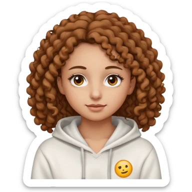 Una ragazza con una felpa semplice bianca,ha gli occhi marroni,i capelli marroni  , c’è gli ha lunghi e ricci molto ricci  ma non troppo e ha le ciglia stile emoji apple sticker