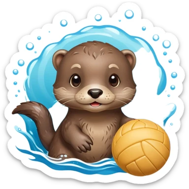 super cute baby otter floating on clearly visible blue water with waves, tiny baby otter with big eyes holding a volleyball with both small paws above water sticker
