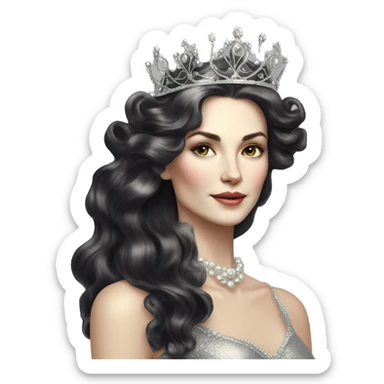 Regal pretty slender middle age woman photograph defined cheekbones high cheekbones crown vintage with very long iridescent black and silver hair wavy long hair pearl crown iridescent sticker