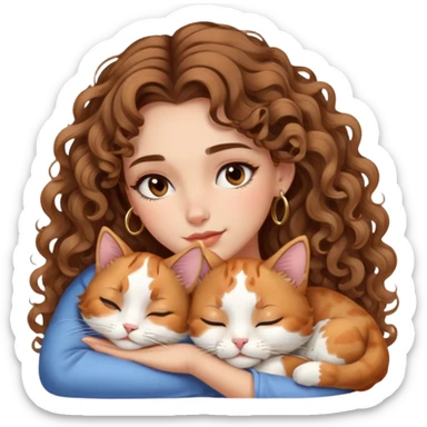 cute balayage curly/wavy haired girl, hoop earrings, brown eyes, clean girl makeup sleeping beauty with her calico cat sleeping sticker