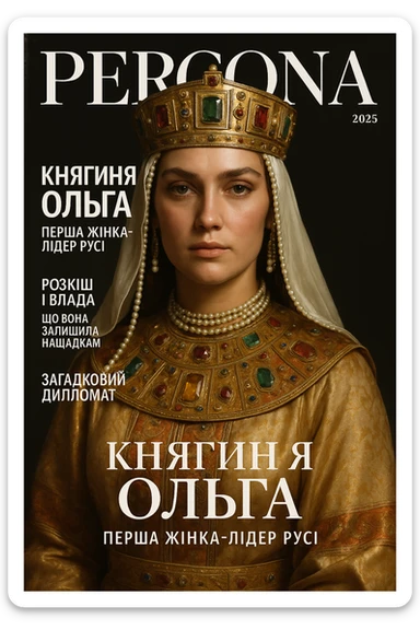Create a glamorous, ultra-realistic magazine cover titled "Персона"
The cover features Princess Olga from the downloaded image.
The cover design should be bright with elegant typography.
Add the title: "Княгиня Ольга", the subtitle: "Перша жінка-лідер Русі", and the release date: "2025".
Include additional subheadings and a well-thought-out layout.
Premium lighting, dramatic shadows, rich colour correction, glossy paper texture, minimalist background, focus on the character and typography in the spirit of glossy publications. sticker