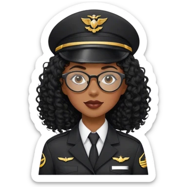 femme pilote d'avion en uniforme noir aux cheveux bouclés noir et petites lunettes arrondis identique avec des cheveux très long et la peau noir mais légèrement plus claire  sticker