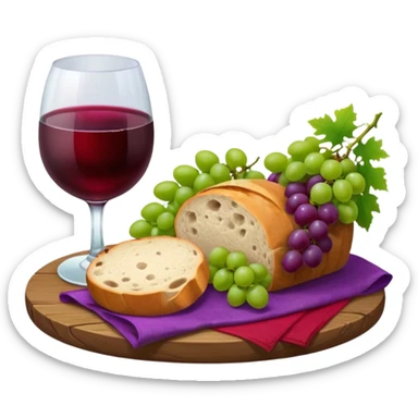 Please make a wine glass with a red cloth, make some grapes and a whole round loaf of bread, and place them on an elegant board. sticker