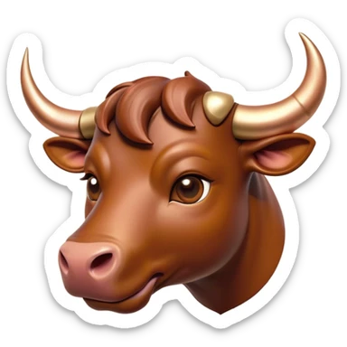 Cinematic Cute Domestic Bull Portrait Emoji, Head tilted playfully and inquisitively, with a sturdy, compact build and a smooth, polished coat of rich copper and brown hues accentuated by gently curved horns, round, sparkling eyes full of curious determination, Simplified yet irresistibly adorable features, highly detailed, glowing with a warm, friendly glow, high shine, affectionate and spirited, stylized with a touch of rustic charm, soft glowing outline, capturing the essence of a mischievous yet loving domestic bull that feels like it could trot out of the screen and into your arms! sticker