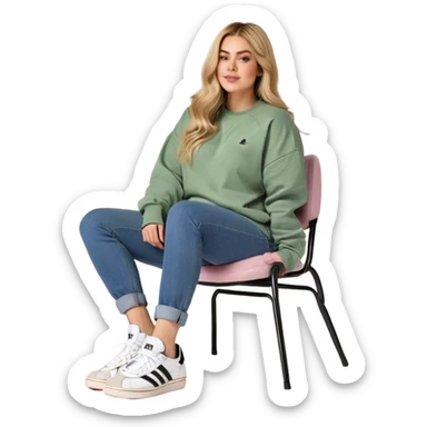 Girl long bright blonde highlighted hair middle part with rosy cheeks and plump mauve lips green eyes and wearing a white sweatshirt and denim blue jeans with black and white adidas OG Sambas sitting in a cozy chair posing with legs over the side of chair  sticker