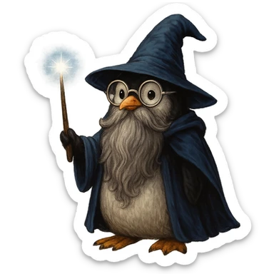 a fantasy penguin wizard with glasses, a long beard, and a glowing wand sticker