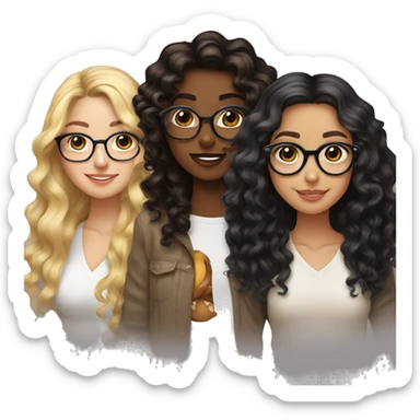 Three best friends, one curly black wavy hair with glasses, another one medium long brown hair with glasses, the other one balayage blonde  sticker