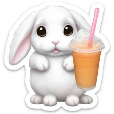 White mini lop rabbit drinking boba tea sticker