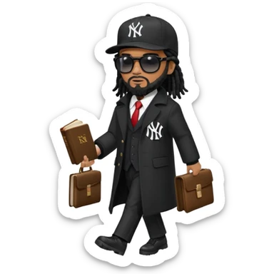 African American man with shoulder length black dreadlocks with black beard wearing black sunglasses wearing a black bubble winter coat wearing a black New York Yankees logo baseball cap wearing a suit and tie walking with a Bible sticker