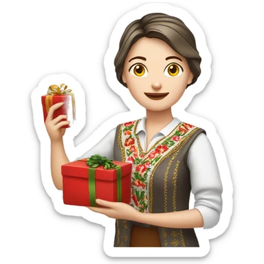 A female teacher in Ukrainian embroidery holds a gift in her hand sticker