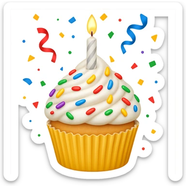 Make this a birthday cupcake with a candle and confetti, keeping the white color and apple emoji style. Remove the background. sticker