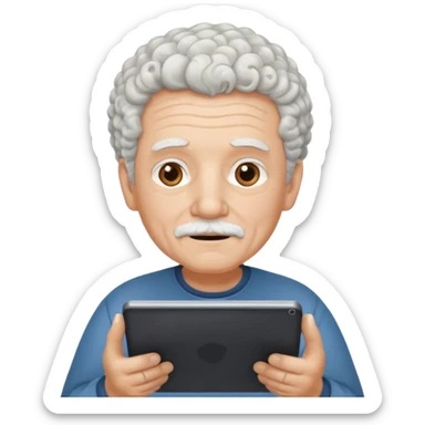 a old man with short curly white hair with tablet sticker
